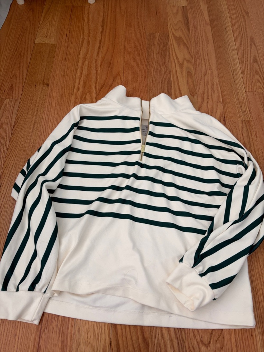 Dudley Stephens Cream Half-Zip Cowl Sweater with Dark Green Stripes